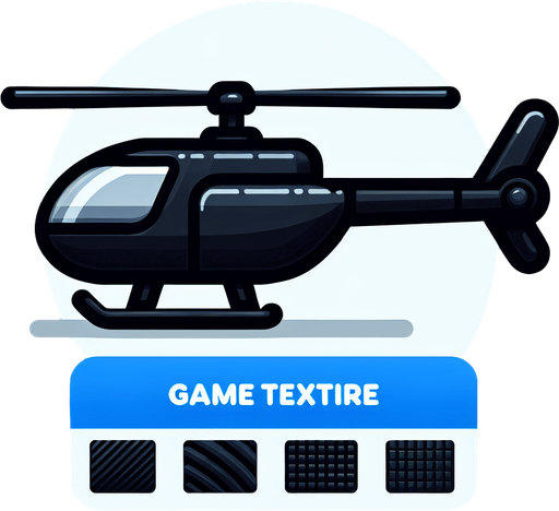 A helicopter 2d black colour.
Single Game Texture. In-Game asset. 2d. Blank background. High contrast. No shadows.