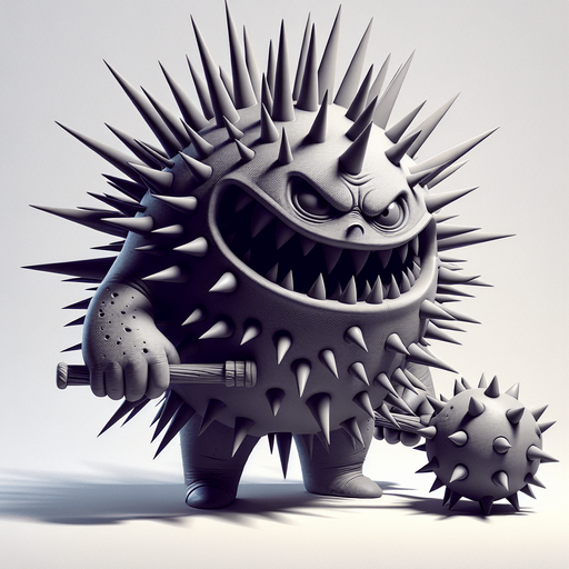 Design a menacing yet comical antagonist for a self-discovery game. The character is a spiky, shadowy creature with exaggerated features, including a wide, toothy frown, sharp ears, and furrowed, judgmental eyes. Its body is round and covered in spines, symbolizing its role as an inner critic or source of resistance. The character wields a massive hammer, emphasizing its destructive tendencies and its aim to obstruct the hero’s progress. It has a dark, moody aesthetic with shades of gray and black, creating an ominous presence. Despite its intimidating look, there’s a hint of over-the-top, cartoonish humor, making it memorable and slightly less threatening. This character embodies doubt, fear, and judgment, constantly challenging the hero while maintaining an entertaining, animated style..
In-Game asset. 3d. Blank background. High contrast. No shadows.
