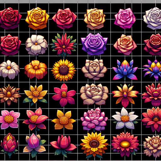 Sprite Sheet of flowers viewed from the top (zenith view).
Modern video game style