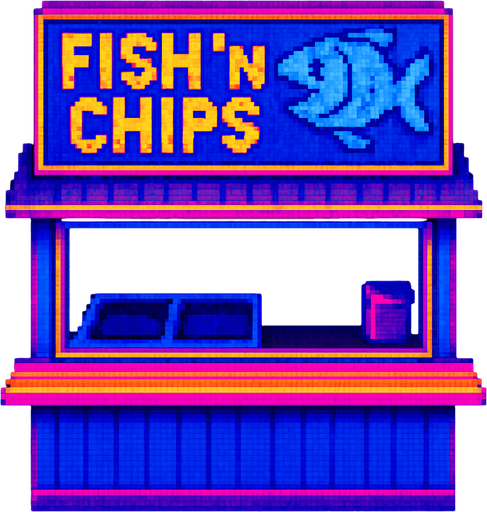 A fish and chips shack with a big counter in the front and a large open window behind. Large sign on roof says "Fish 'n Chips" with a cartoon fish. Seen from top down view with the front of the shack facing down.