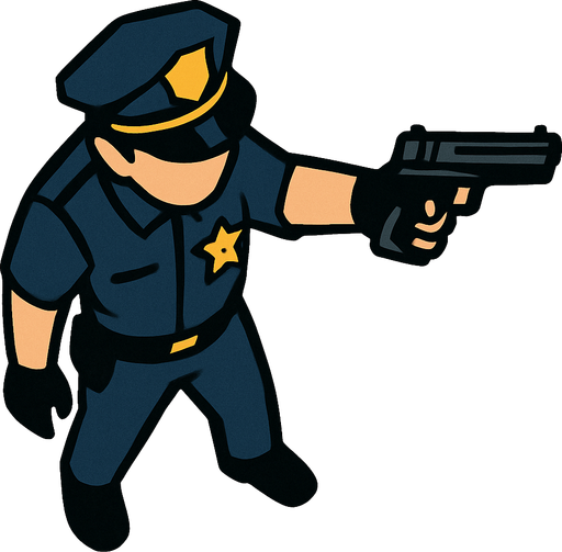 a topdown policeman and he's pointing a gun. In-Game asset. 2d. High contrast. No shadows.
In-Game asset.  2d.  High contrast.  No shadows