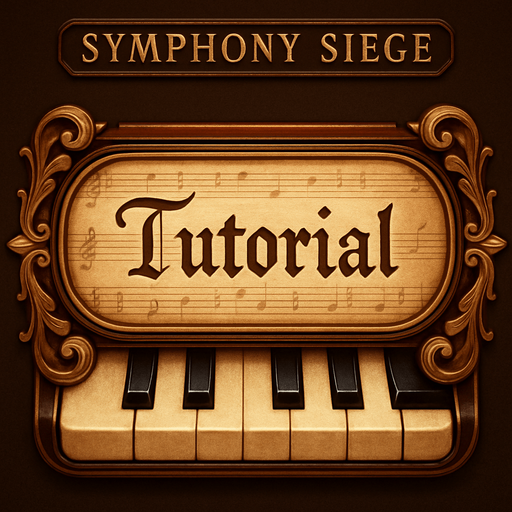 Diseña un botón visual para un videojuego llamado Symphony Siege, destinado a la opción "Tutorial". El estilo debe ser coherente con una interfaz inspirada en una sala de conciertos clásica: elegante, musical y refinada. El botón debe incluir la palabra "Tutorial" centrada, usando una tipografía manuscrita o de partitura antigua, legible y estilizada. El fondo puede simular una partitura enrollada, una tablilla de madera pulida o una tecla de piano estirada horizontalmente. El contorno del botón debe tener detalles ornamentales dorados o cobrizos, evocando la estética barroca o sinfónica. El tono general debe ser acogedor y educativo, sin perder la elegancia musical.
In-Game asset.  2d.  High contrast.  No shadows