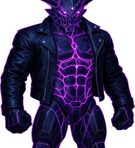 Black leather biker jacket longsleeves bare segmented neon cyberpunk pecs abs muscles robot monster hunk Neon cyberpunk 3d hologram corporate occult demon android mecha robot sentinel guard soldier machine monster fully in frame no part cut off no background anime futuristic