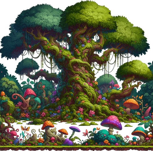 Enchanted forest.
Single Game Texture. In-Game asset. 2d. Blank background. High contrast. No shadows.