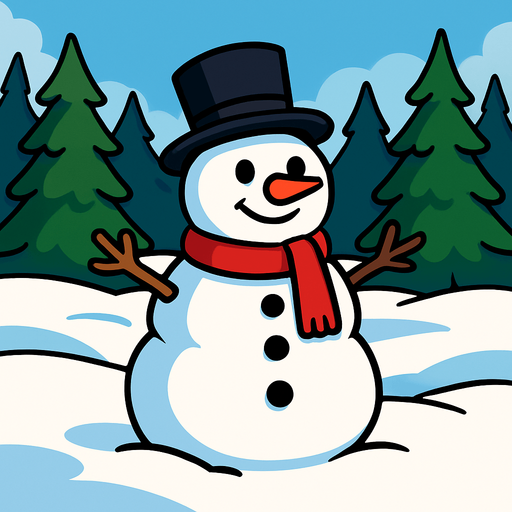 a cartoon style 3d image of a snowman in a field with pine trees in the background. no people..
In-Game asset.  2d.  High contrast.  No shadows