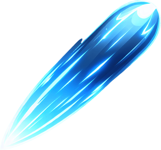 A 2D top-down view of a futuristic energy bullet for a space shooter game. The bullet is a glowing blue plasma projectile with a sleek, elongated shape and a slight energy trail behind it. The design is simple, bright, and high-speed-looking, suitable for fast-paced shooting gameplay.
Single Game Texture.  In-Game asset.  Blank background.  High contrast.  No shadows