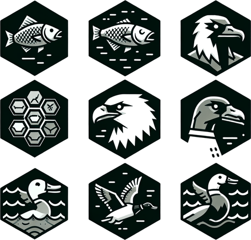 A sprite sheet for game icons featuring a fish, an eagle and a mallard. Hexagon icons featuring the head of animal. 
Single Game Texture. In-Game asset. 2d. Blank background. High contrast. No shadows.