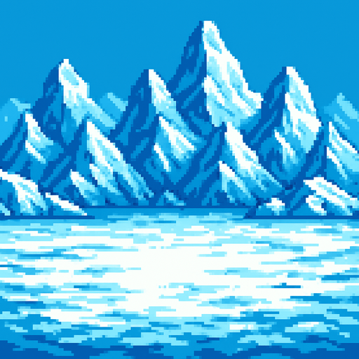 um conjunto de montanhas de gelo, arte pixel 32bits, arena battle background.
In-Game asset.  2d.  High contrast.  No shadows