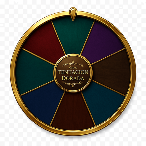 Create a visual asset for a luxury prize wheel base for 'La Tentación Dorada'.

Design:

Shape: Perfect circle.

Sections: 8 clearly divided sections, marked by elegant gold or silver lines.

Colors: Rich, deep casino tones (reds, greens, blues, purples, dark wood/gold).

Center: Decorative element (subtle logo/metallic plate).

Outer Rim: Prominent golden or silver polished rim.

Style: Luxurious, sophisticated prize wheel.

Background: Transparent (wheel only).

Objective: Elegant base for 8 prize placements..
In-Game asset.  2d.  High contrast.  No shadows