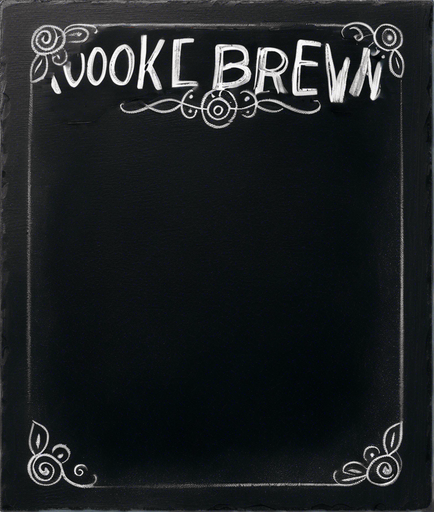 "ROOKIE BREW" handwritten with small capital letters in chalk