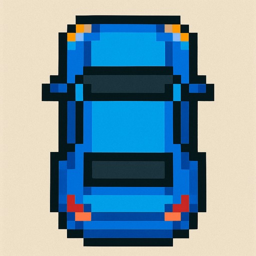 Blue car 2d pixilated topdown.
In-Game asset.  2d.  High contrast.  No shadows