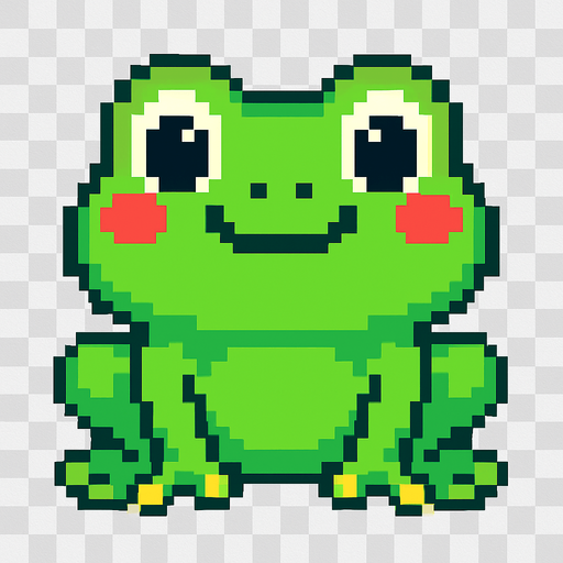La rana debe ser un personaje simpático de color verde brillante, con ojos grandes y expresivos que miran al frente, mejillas redondeadas y una sonrisa divertida; su cuerpo debe ser compacto y ligeramente ovalado, con patas traseras marcadas pero no exageradas, diseñada en estilo pixel art, y puede tener una pequeña animación de parpadeo o un leve rebote para darle vida; el fondo debe ser transparente y el estilo visual debe coincidir con un juego colorido y casual..
In-Game asset.  2d.  High contrast.  No shadows