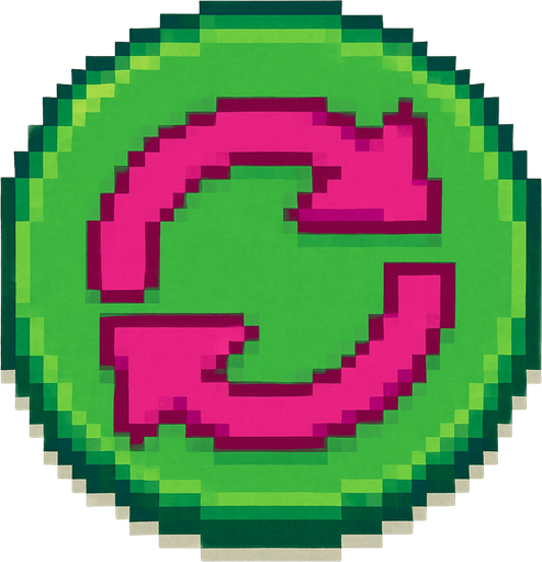 A green circular button featuring a fuchsia-colored refresh icon, designed in Pixel Art style.
