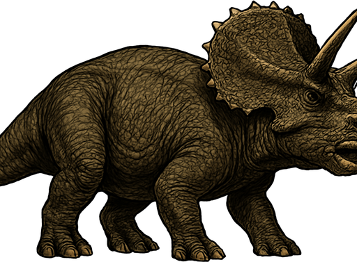 A large Triceratops dinosaur depicted in a neutral standing pose on a transparent background. It has a bulky, muscular body covered in rough, textured scaly skin with shades of dark brown and olive green. Its massive head features a large bony frill with small bumps and three prominent horns—two long ones above the eyes and a shorter one on the nose. The beak-like mouth is slightly open, and the eyes are calm but alert. The thick legs end in hoof-like claws, and the tail is short and heavy. The skin shows detailed scales, folds, and scars, giving it a lifelike, ancient appearance..
In-Game asset.  2d.  High contrast.  No shadows