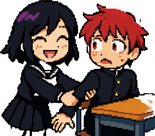 In pixel art style, a cute anime-style girl with an emo aesthetic, striking purple eyes, and a Japanese school uniform (sailor fuku) suddenly pulls the hand of a shy red-haired boy with red eyes, who is wearing a gakuran and sitting in front of a rectangular desk. She smiles brightly with her eyes closed as she yanks him toward her, pulling him out of his seat. The boy looks confused and nervous, flustered by the sudden physical contact. In the background, a typical Japanese classroom can be seen.