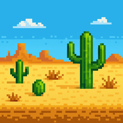 Make a 2D image of a pixelated desert.
In-Game asset.  2d.  High contrast.  No shadows