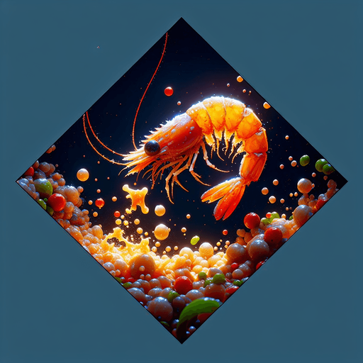 A tender morsel of delicious plankton. cartoon, shiny, no background. bright orange and yellow shrimp.
Single Game Texture. In-Game asset. 2d. Blank background. High contrast. No shadows.