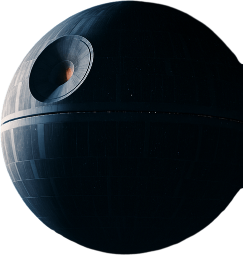 A cinematic sci-fi background set in deep space, featuring the iconic Death Star looming in the distance with dramatic lighting. The foreground includes distant Rebel or Imperial starfighters flying across the stars, with a nebula glowing behind them in shades of blue, purple, and black. The Death Star is partially in shadow, with visible surface details like trenches and superlaser dish glowing faintly. Stars and cosmic dust fill the background, adding depth and realism. The mood is epic and mysterious, perfect for a Star Wars-themed environment. 4K resolution, widescreen layout, concept art style, high detail, suitable as a desktop or game background..
In-Game asset.  2d.  High contrast.  No shadows