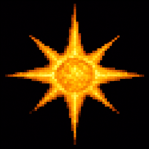 A realistic yellow star from the universe, in pixel art style.
