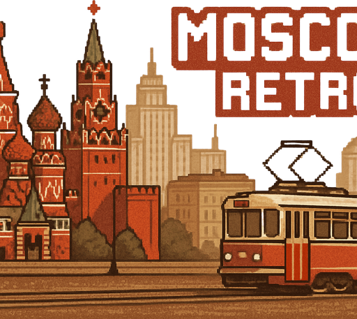 A horizontal banner with a wide aspect ratio and minimal height, designed for use as a website or app header. The style is retro pixel art, inspired by 1980s aesthetics. The scene showcases iconic elements of Moscow, such as Saint Basil's Cathedral, Soviet-era buildings, and vintage trams, all rendered in colorful pixel art. The color palette should include muted reds, browns, and creams to evoke nostalgia. Include the text “Moscow Retro” in bold, pixel-style font, seamlessly integrated into the scene. The design should be panoramic, with clear left-to-right flow and plenty of horizontal detail, while keeping vertical elements minimal to preserve the banner’s low height..
In-Game asset.  2d.  High contrast.  No shadows