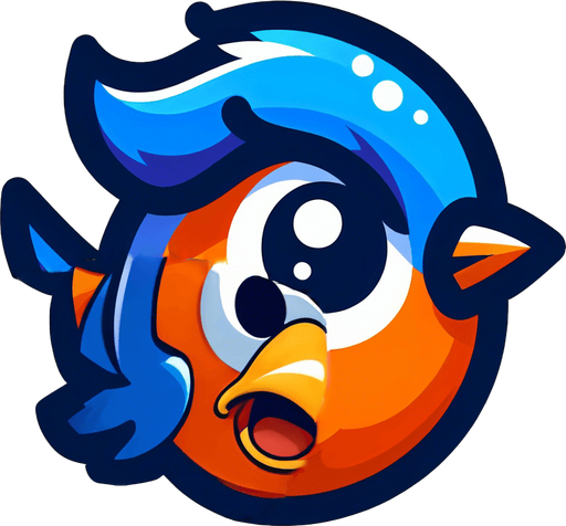 Blue wing flapped up on orange bird. Cartoon style. Dark blue outlines.