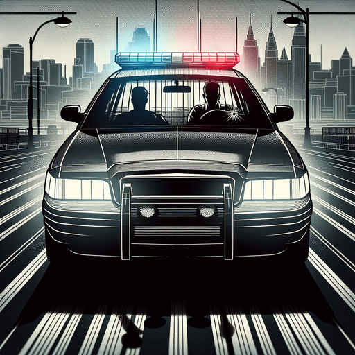 front of a police car with a silouhete of a driver.
video game style