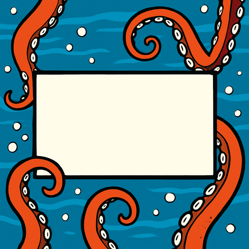una sola viñeta en blanco de comic de manera rectangular horizontal  en el centro de la pantalla, que el back ground este adornado con un fondo marino y brazos de pulpos.
In-Game asset.  2d.  High contrast.  No shadows, que los tentaculos no toquen la viñeta q