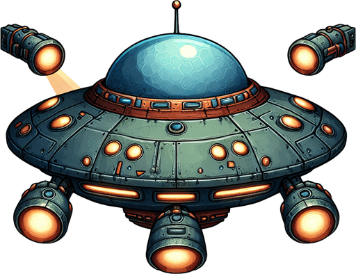 A ufo with weapons.
Single Game Texture.  In-Game asset.  2d.  Blank background.  High contrast.  No shadows