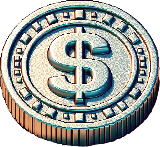silver coin, $ sign on it, snes art.
Single Game Texture.  In-Game asset.  2d.  Blank background.  High contrast.  No shadows