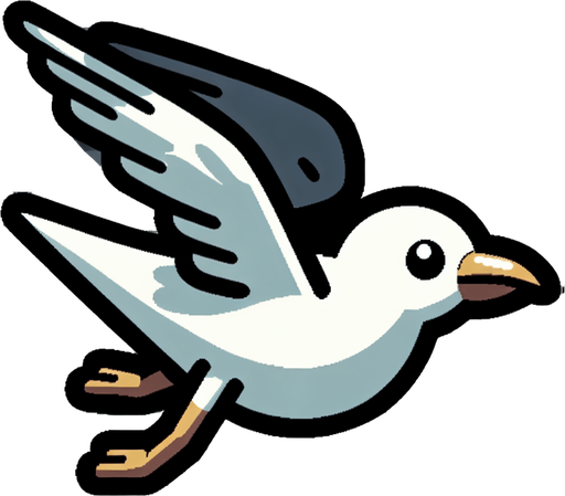A cartoon seagull. Flying, side profile..
Single Game Texture.  In-Game asset.  2d.  Blank background.  High contrast.  No shadows