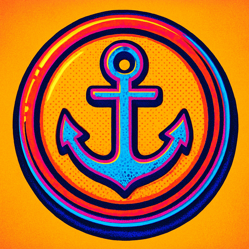 A round button with an embossed edge with an anchor in the center. 80s arcade machine graphics..
In-Game asset.  2d.  High contrast.  No shadows