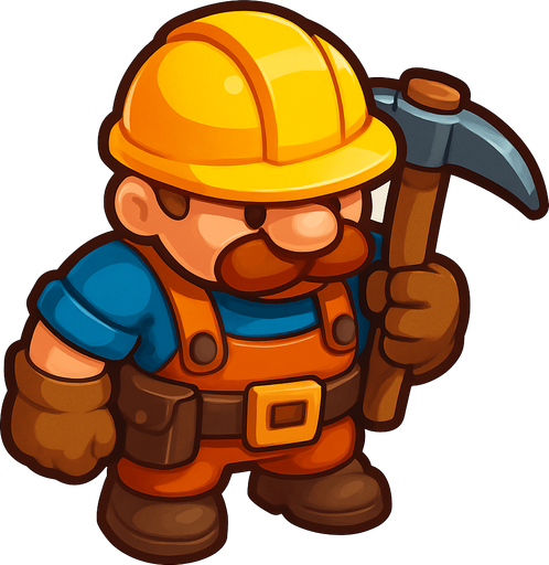 Crea un personaje "Trabajador" para un juego de Tower Defense, en un estilo 2D renderizado, limpio y cartoonish. El trabajador debe tener contornos claros y definidos, colores vibrantes con transiciones suaves, y sombreado que dé volumen.

El diseño debe ser el de un personaje compacto y robusto, diseñado para ser fácilmente reconocible desde una vista cenital/ligeramente aérea, pero con suficiente detalle para mostrar su progresión. Debe evocar la idea de construcción, minería o recolección de recursos..
In-Game asset.  2d.  High contrast.  No shadows