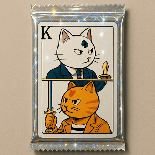 A booster pack of collectible cards in the plastic packaging. On the package is a picture of these two cats as if they are the King on a card in a deck of regular playing cards. The white one is on top facing left and the bottom one is the mirror facing right, side profile, just like a king on a regular playing card. There is a K in the top left corner to mark the King, but no suit. There are no other words on the pack. The plastic of the pack is all diamond and sparkling.