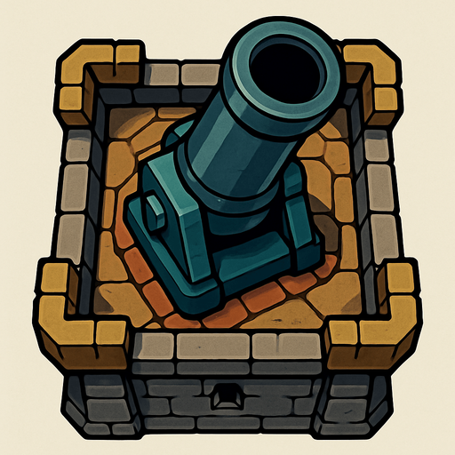 torre con un cañon gigante desde arriba.
In-Game asset.  2d.  High contrast.  No shadows