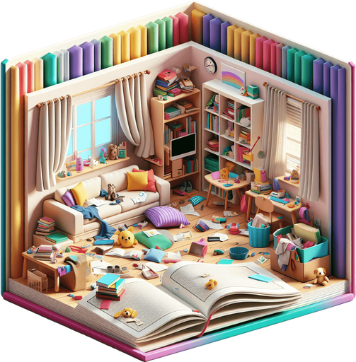 dağınık bir oturma odası, odanın içinden görünüm. 3d renkli anime, çizgi film