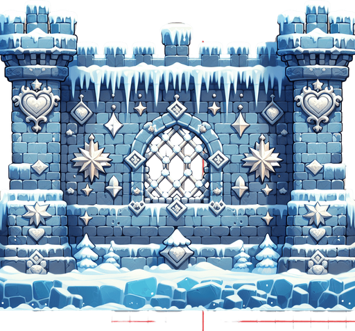 A medieval wall built of ice blocks, with stars and christmas hearts as ornaments. Single Game Texture. In-Game asset. 2d. Blank background. High contrast. No shadows.