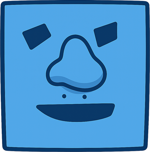 Basit mavi kare yüz. Burnu kocaman olsun. No background. Transparent background. Blank background. No shadows. 2d. In-Game asset. flat