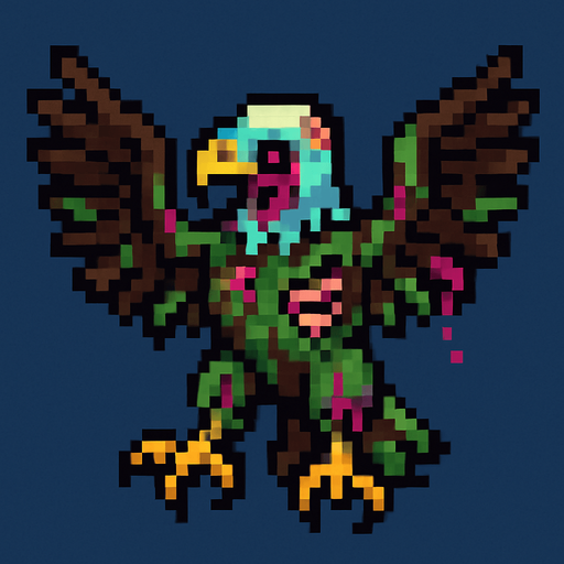Uma águia zumbi, vista aérea, estilo pixel art.
In-Game asset.  2d.  High contrast.  No shadows