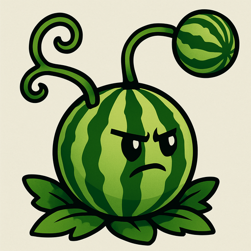 Melón como Cuerpo: La planta en sí parece ser un melón grande y redondo, con las características rayas verdes oscuras y claras de una sandía.

Cara y Hojas: Tiene dos ojos pequeños y una expresión que denota seriedad o concentración, propia de una planta de ataque. En su base, tiene hojas verdes que la asientan en el suelo.

Brazos de Enredadera con Melón: De la parte superior de su cuerpo, salen dos enredaderas o tallos verdes y enrollados que sostienen un melón más pequeño. Este melón es el "proyectil" que lanza. El mecanismo sugiere que es una especie de honda o catapulta natural..
In-Game asset.  2d.  High contrast.  No shadows