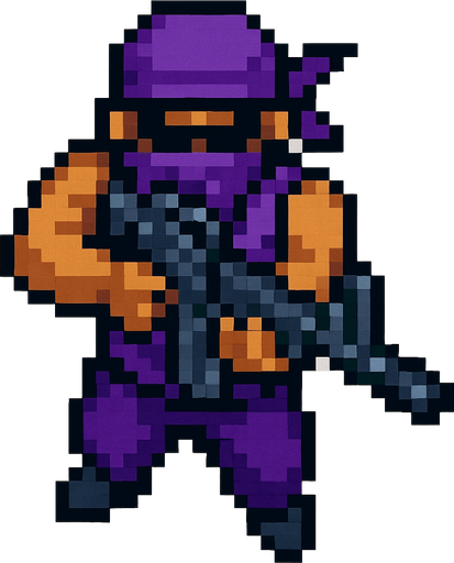 pandillero de morado hecho con pixeles. con perspectiva desde arriba visto de frente apuntando con un m4
In-Game asset.  2d.  High contrast.  No shadows