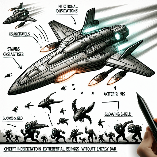 Appearance:

The spaceship should have a sleek, futuristic design, with details such as glowing engines, aerodynamic shapes, and customizable color schemes.
Design should include visual indicators for health or power-ups, such as glowing shields or an energy bar.
In the shooting game background, the spaceship should be attacking aliens descending from above. The design should show the spaceship firing bullets or launching bombs upward toward the approaching aliens, creating an intense and action-packed scene. The spaceship's attacks should look powerful and precise, emphasizing its role as the player's main weapon against the alien invasion.

The front of the spaceship should be facing upward..
Single Game Texture. In-Game asset. 2d. Blank background. High contrast. No shadows.