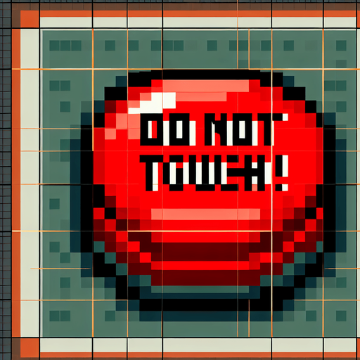 8-bit. cartoon. red button. do not touch! Single Game Texture. In-Game asset. 2d. Blank background. High contrast. No shadows.