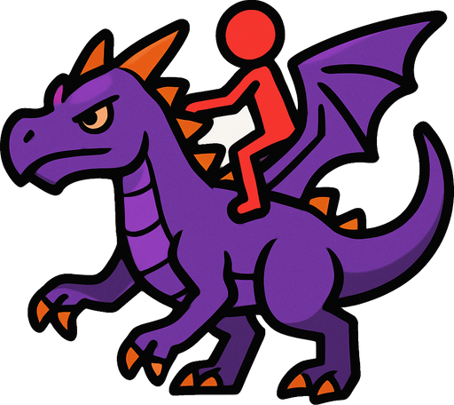 Purple dragon with a red stickman riding it.
In-Game asset.  2d.  High contrast.  No shadows