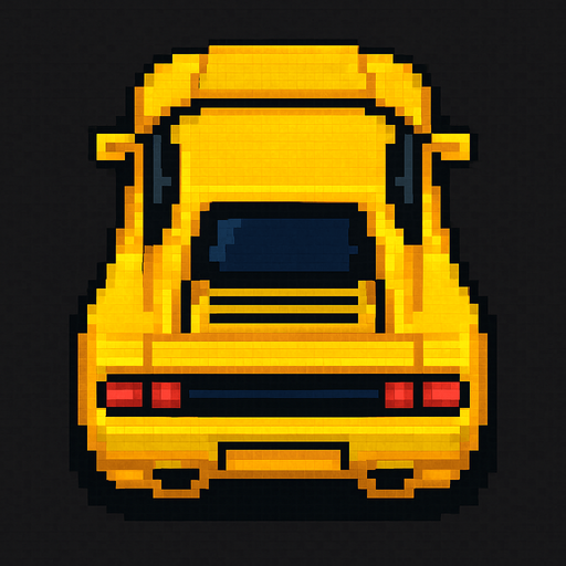 un auto amarillo deportivo con perspectiva desde arriba hecho con pixeles.
In-Game asset.  2d.  High contrast.  No shadows con perspectiva trasera
