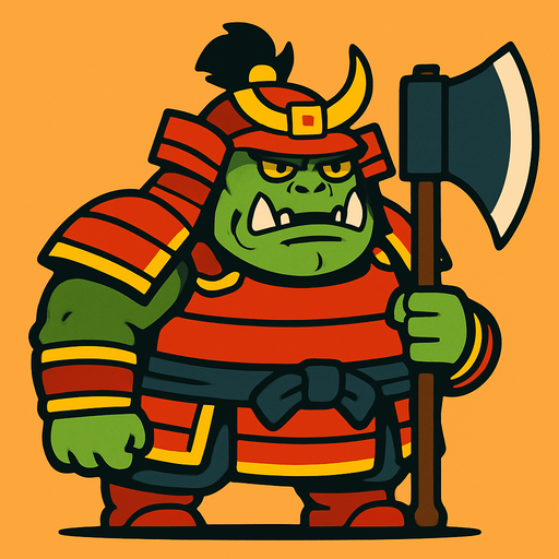 side scroller image fat orc samurai front holding big axe.
In-Game asset.  2d.  High contrast.  No shadows