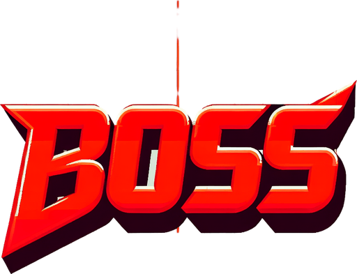 An SVG of the word **BOSS** in sharp red font..
Single Game Texture.  In-Game asset.  2d.  Blank background.  High contrast.  No shadows