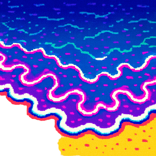 Top down view of a shallow wave water on a beach shore..80s arcade machine graphics. 

In-Game asset.  2d.  High contrast.  No shadows