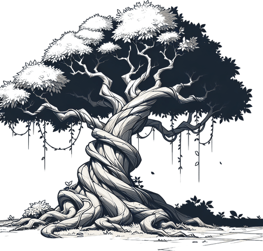 tree with vines.
In-Game asset.  2d.  Blank background.  High contrast.  No shadows