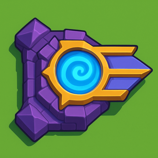 Crea la Torre Arcane en un estilo 2D renderizado, limpio y cartoonish, con contornos claros y definidos, colores vibrantes con transiciones suaves, y sombreado que da volumen a sus superficies superiores.
La perspectiva debe ser VISTA CENITAL (totalmente desde arriba). Esto significa que la torre se verá como si estuviera siendo observada directamente desde arriba, con los detalles de su parte superior siendo prominentes.
Esta torre NO tiene una base circular. Su elemento de ataque principal (vórtice, cristal central) debe estar orientado para proyectar energía hacia la DERECHA.
La torre debe tener un perfil bajo y la menor cantidad de relieve vertical posible para facilitar una rotación fluida en la animación. El vórtice o cristal principal debe ser el punto focal superior..
In-Game asset.  2d.  High contrast.  No shadows