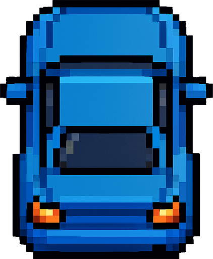 Pixel art mavi araba kuş bakışı.
In-Game asset.  2d.  High contrast.  No shadows